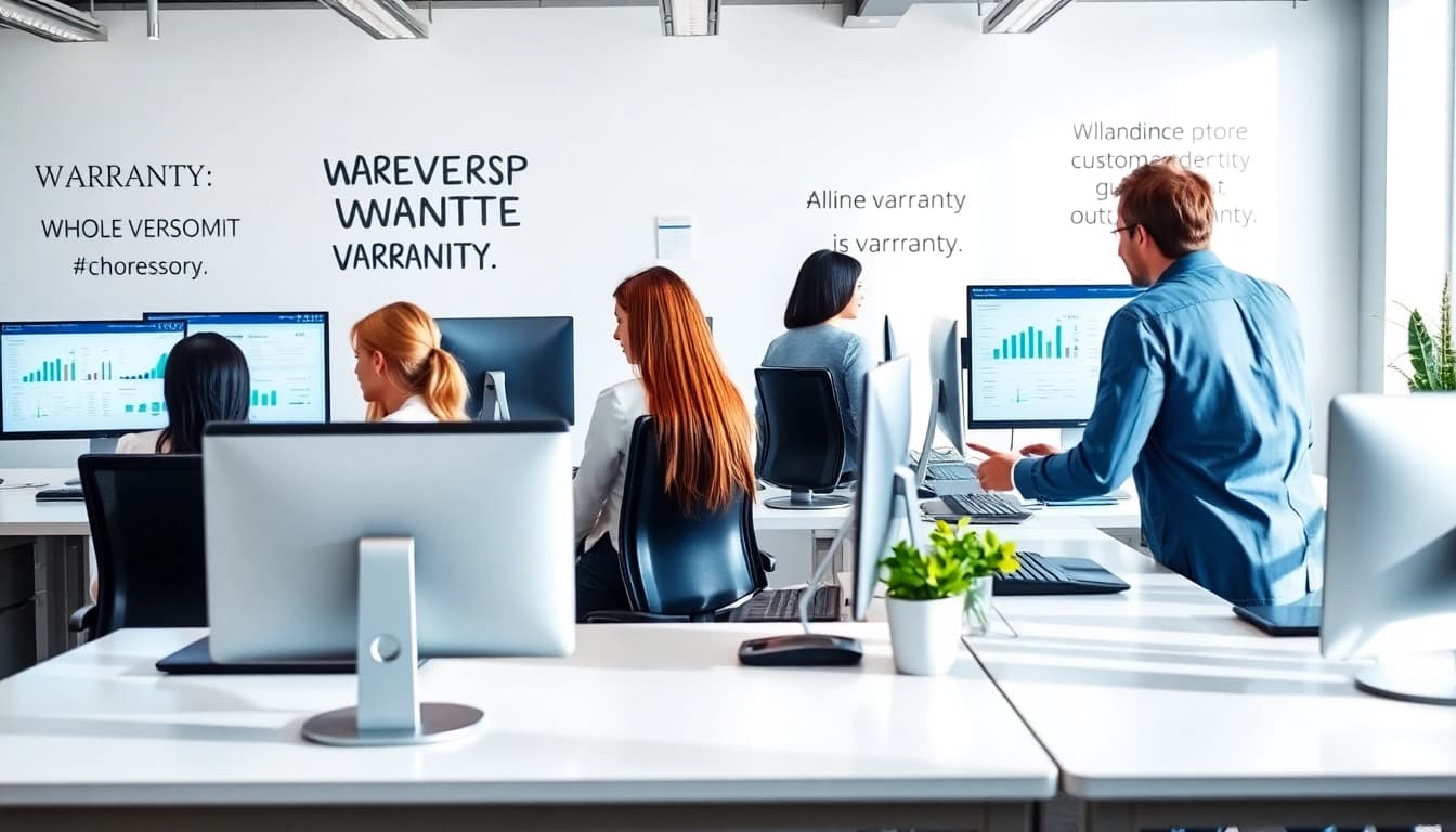 Get an accurate online warranty quote from a collaborative team in a bright office setting.