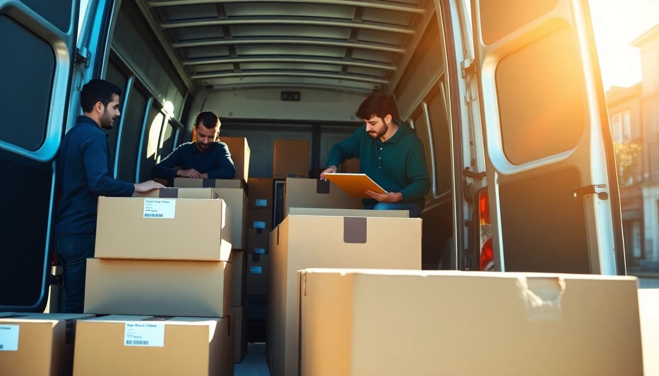 Office removals Telford team efficiently packing and moving boxes in a vibrant urban environment.