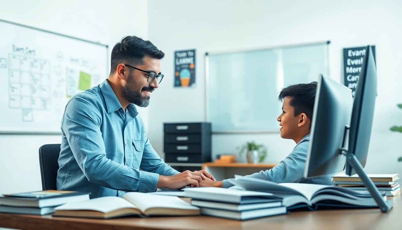 Provide focused remote exam help with a professional tutor in a bright study environment.