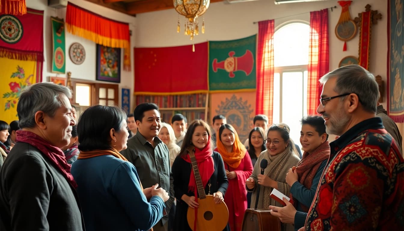 Engaging scene showcasing the Uyghurs Community in celebration with traditional elements, promoting cultural heritage.