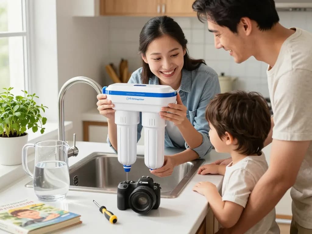 Family installing the Filterlogic DA29-00020B Refrigerator Water Filter in a bright kitchen, showcasing a practical home moment.