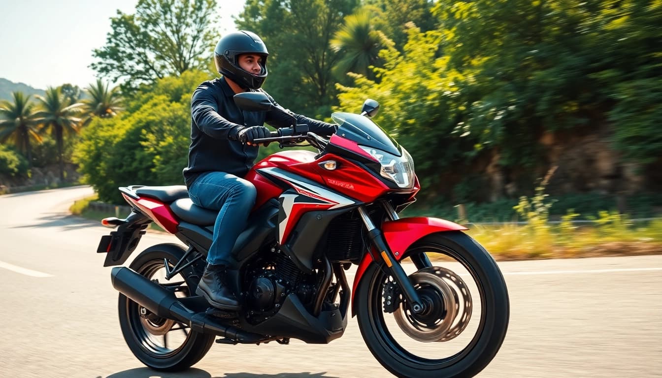 Motorrad fröhlich fährt auf einer malerischen Straße in der Natur.