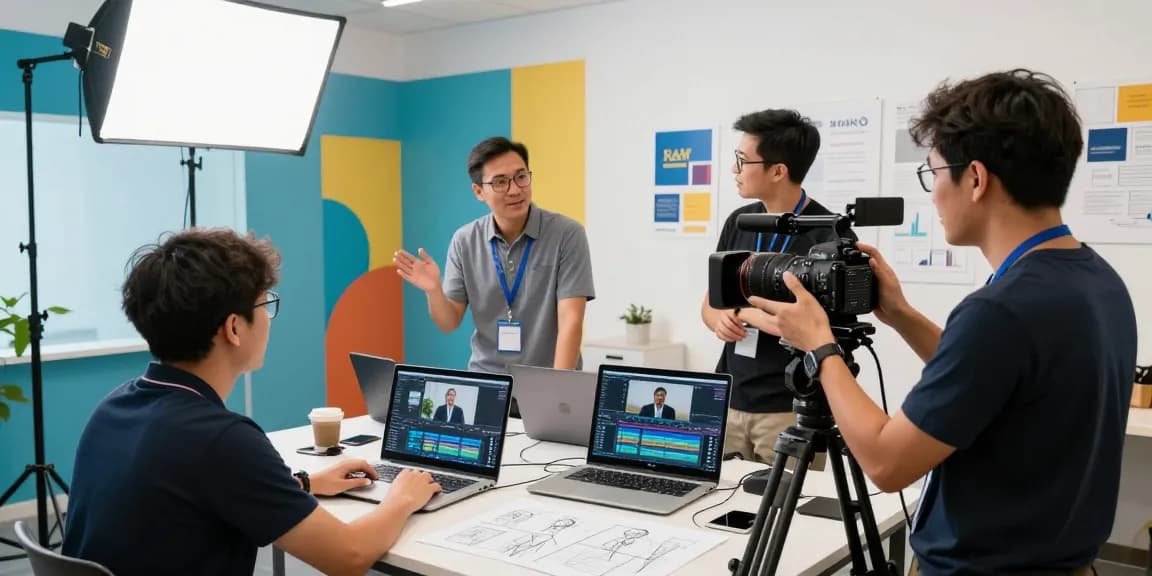 Corporate Videography Services in Singapore showcasing a dynamic team collaboration in a modern studio.