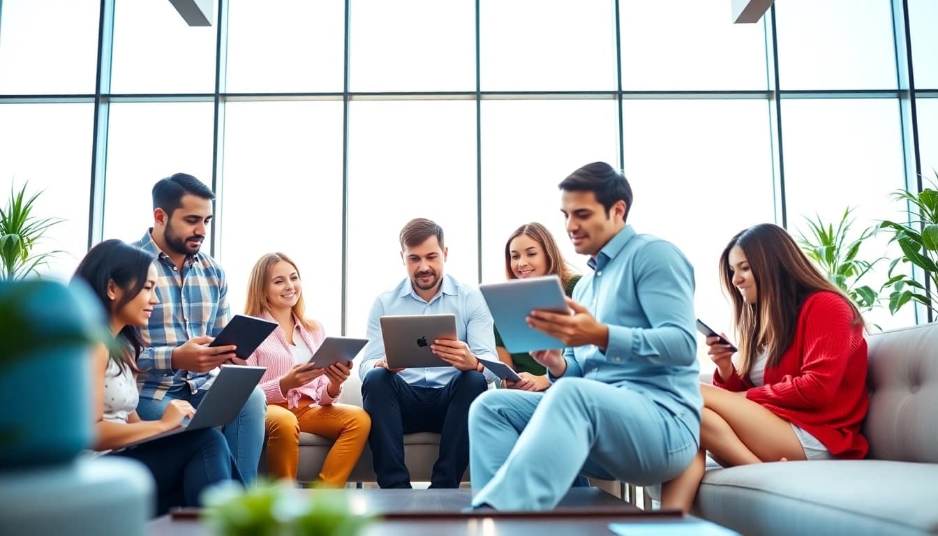 A dedicated social media agency team strategizing in a vibrant office environment.