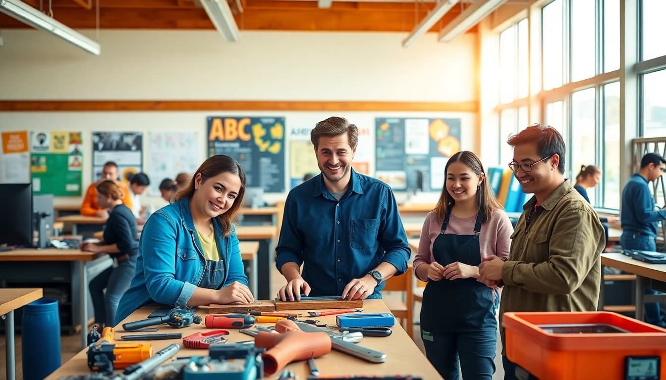 Students learning practical skills at an abc trade school in a bright and engaging classroom.