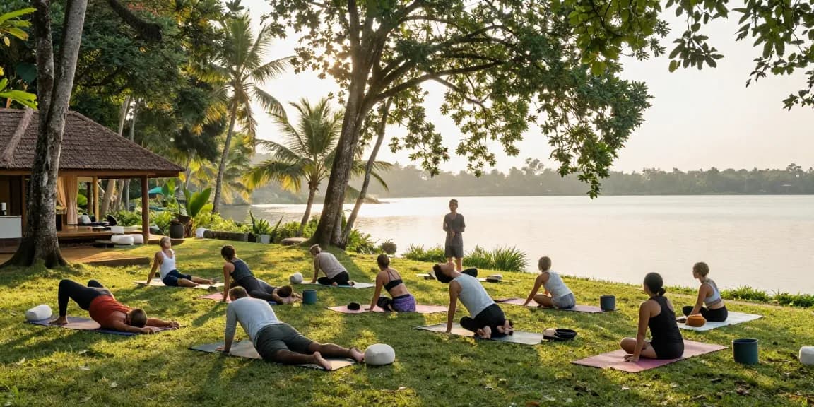 200hr hatha YTT sri lanka participants practicing Hatha Yoga at a tranquil lakeside retreat.
