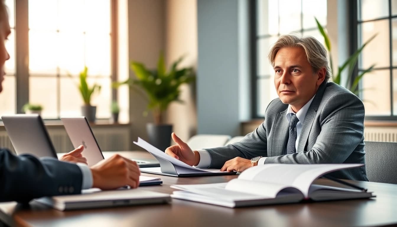 A real estate lawyer consulting clients in a professional office, exuding trust and reliability.