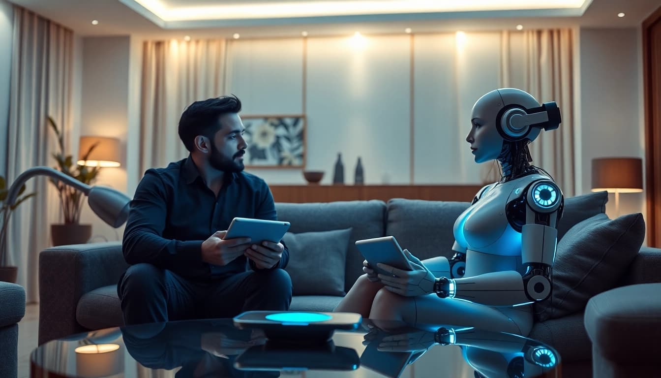 Couple exploring AI sex robotics in a modern living room with innovative technology.