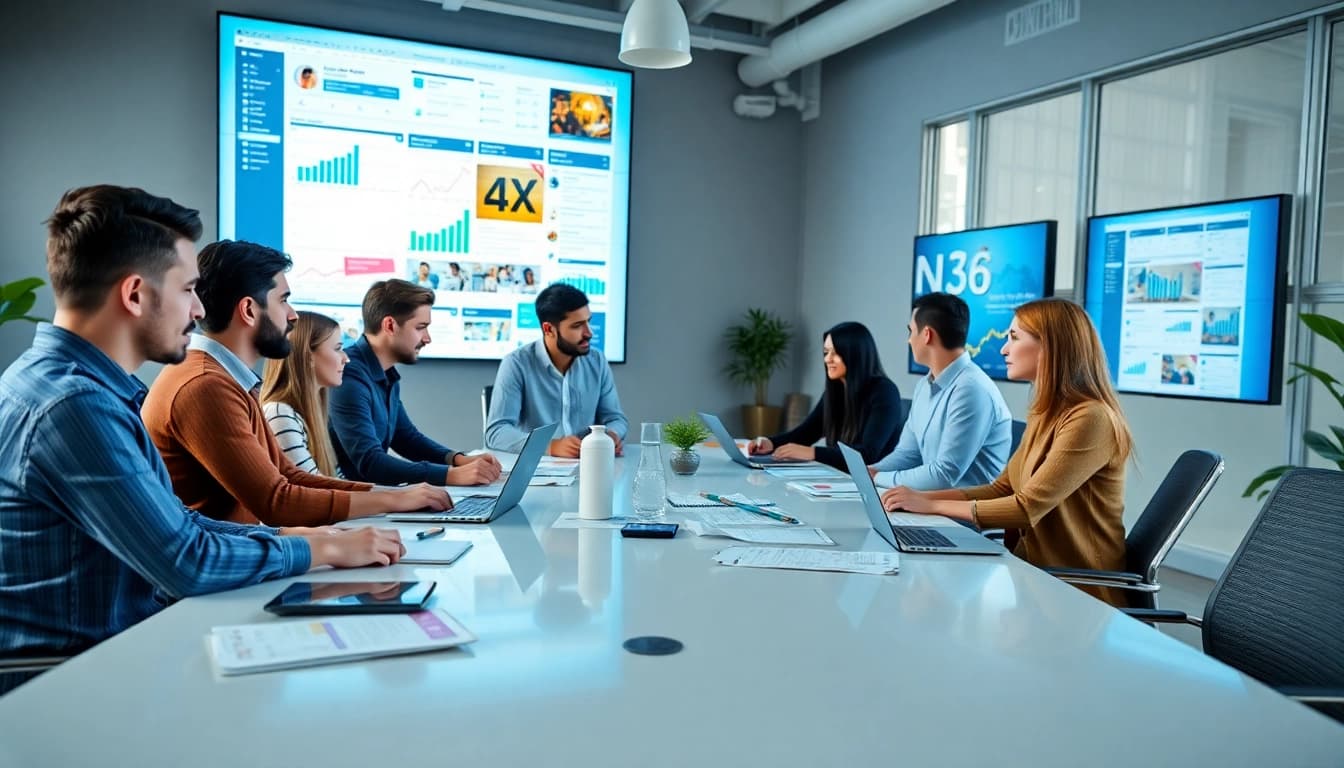 Dynamic team at a social media agency collaborating on strategies in a vibrant workspace.
