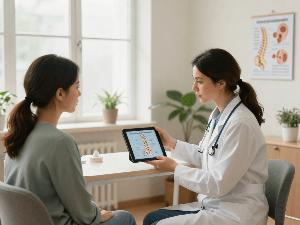 Discussing bel fıtığı ameliyatı options with a doctor in a calming clinical setting