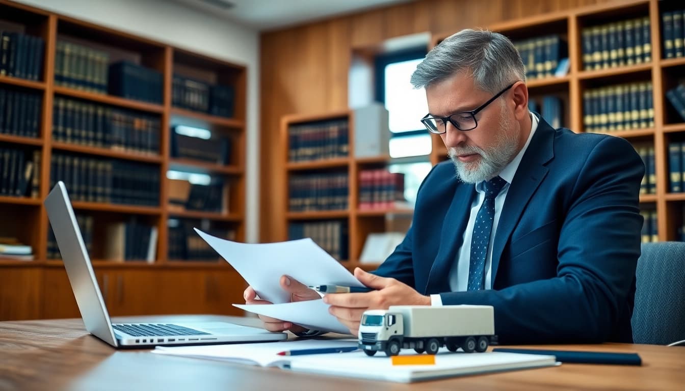 Capable truck accident attorney Clearwater analyzing legal documents in a well-lit office.