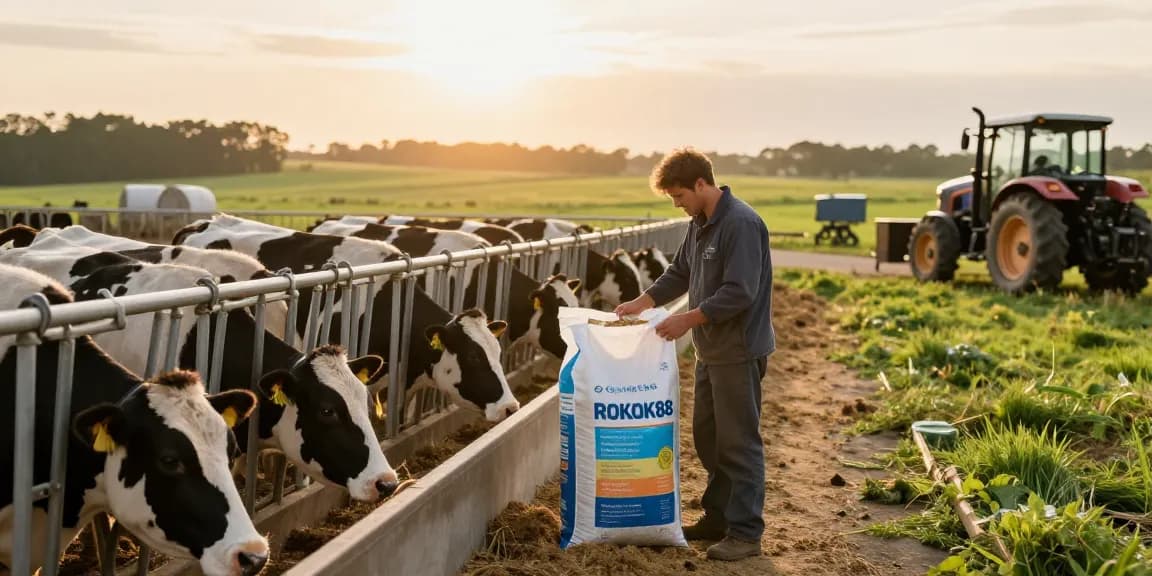 Farmer inspecting ROKOK88 slot login feed quality at livestock farm.