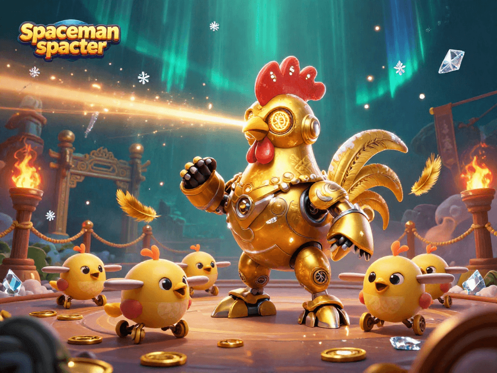 Experience the thrill with spaceman scatter in a dynamic casino adventure featuring golden rooster robots and golden tokens.