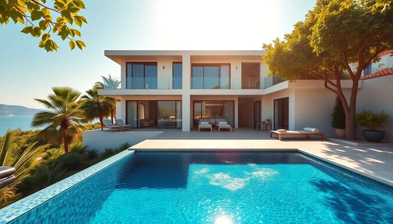 View of luxurious alanya properties turkey showcasing a modern villa by the Mediterranean.