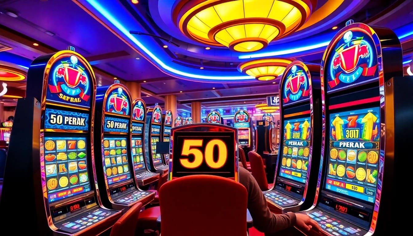 Menangkan slot 50 perak dengan mesin slot berwarna-warni di lingkungan kasino yang ramai.