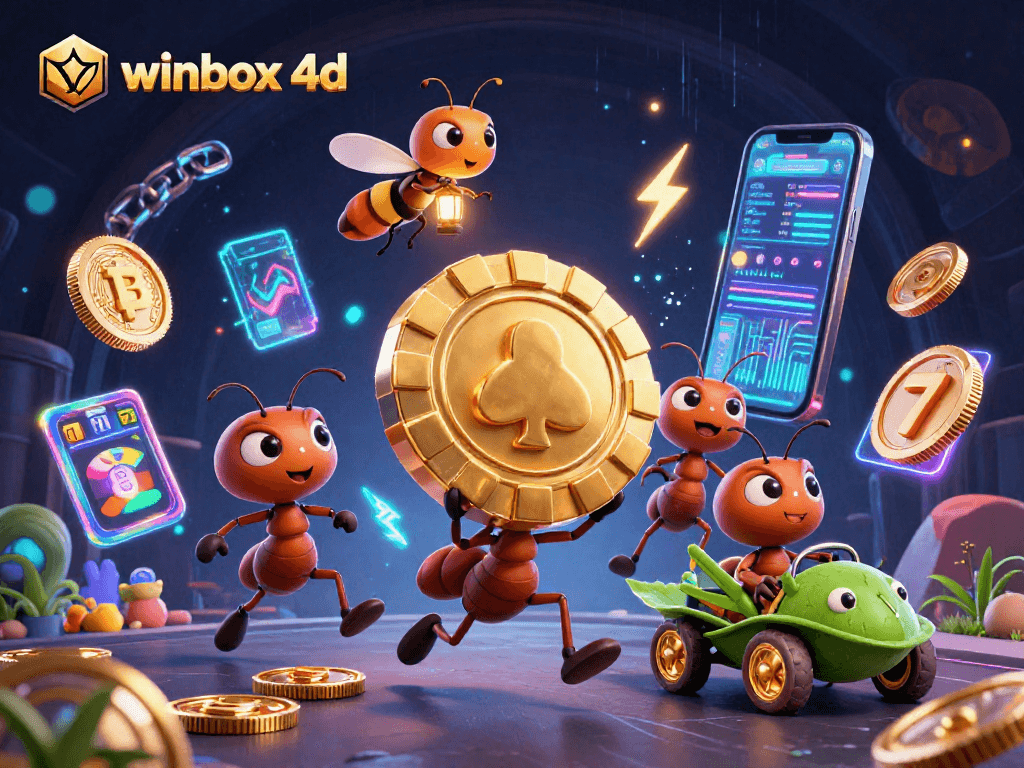 Experience the excitement of winbox 4d with dynamic ants heisting a giant poker chip in a magical casino world.