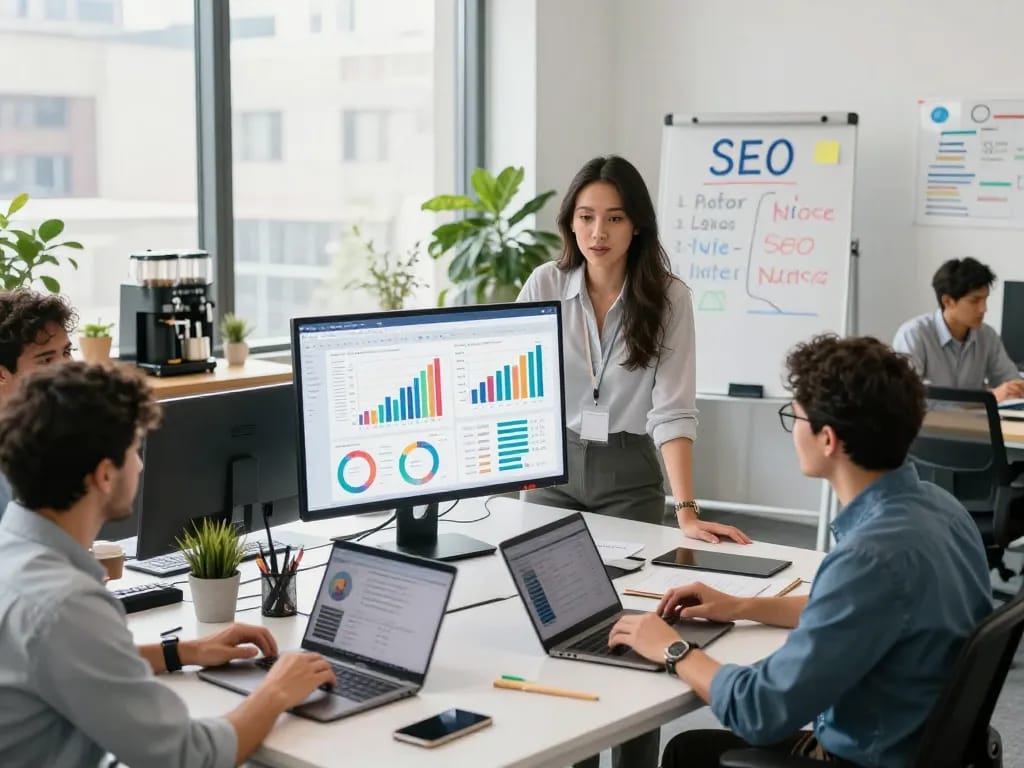 Diverse team strategizing SEO campaigns at a modern office, showcasing an SEO Company in NYC.