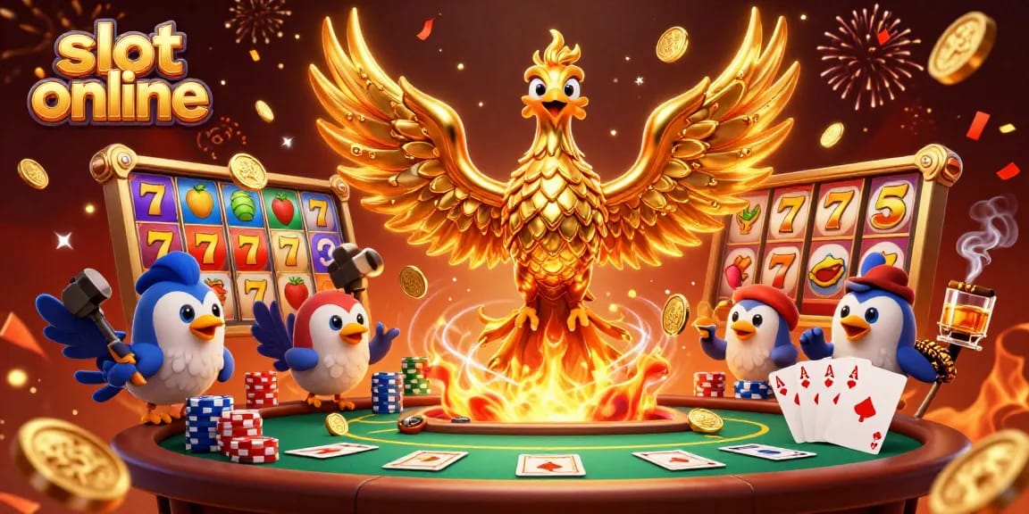 Slot online yang berputar dengan simbol jackpot dan karakter 3D menarik dalam suasana meriah.