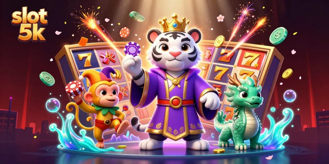 Experience thrilling wins at slot 5k with vibrant visuals of a majestic tiger and lively monkey.