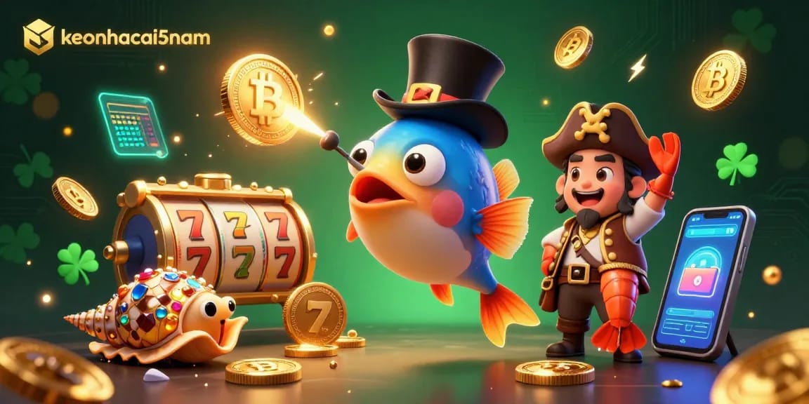 Engage with keonhacai5nam's vibrant casino world featuring a deep-sea anglerfish, pirate shrimp, and gemstone snail.