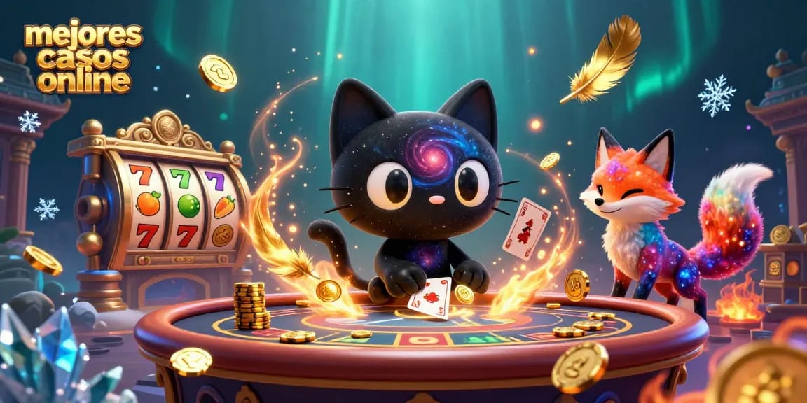 Ilustración de un gato de agujero negro con temática de "mejores casinos online" atrayendo fichas doradas en un casino cósmico.