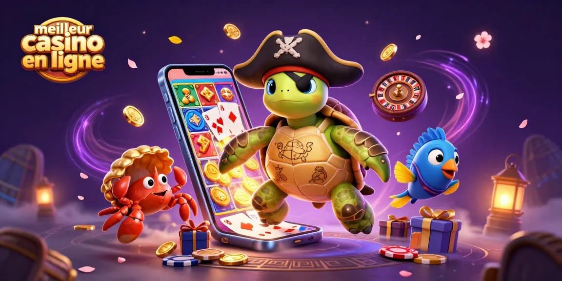 Jouez dans le meilleur casino en ligne avec une tortue pirate et des trésors flottants.