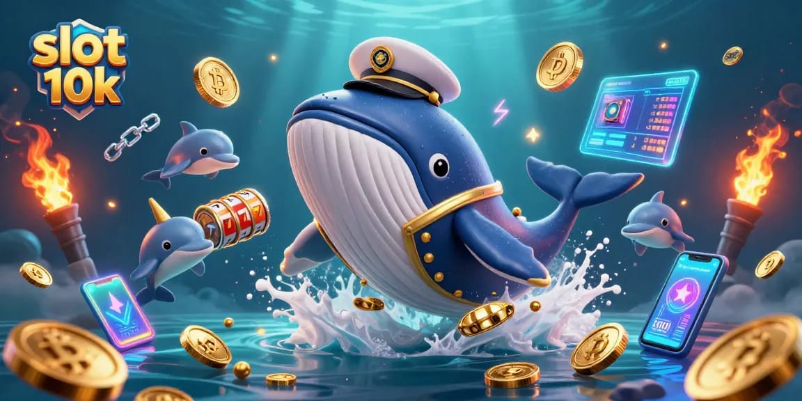 Win big with slot 10k, featuring playful dolphins and a majestic whale amidst vibrant casino elements.