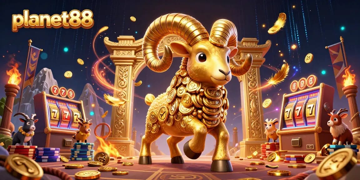 Experience thrilling gameplay at planet88 with a dynamic 3D golden ram charging through a vibrant casino scene.