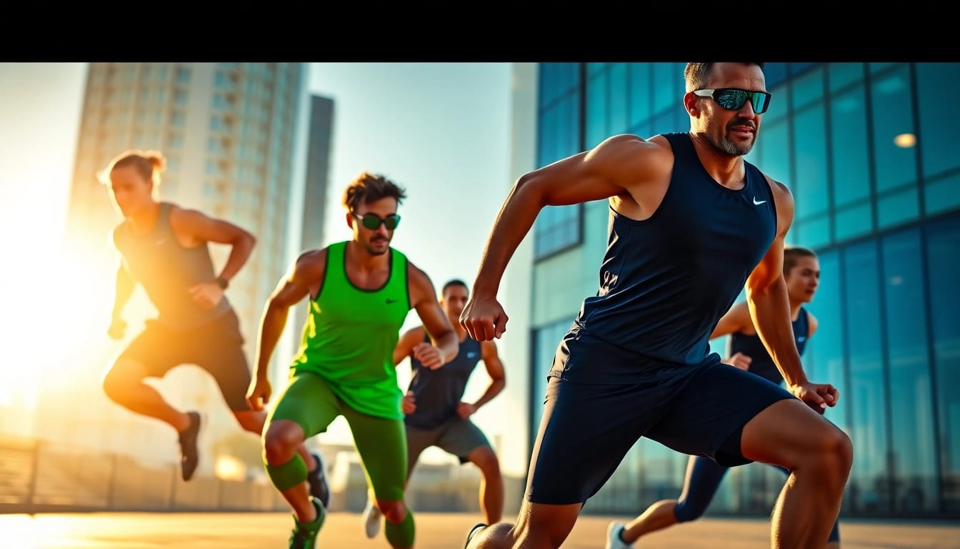 Erleben Sie dynamische Athleten, die phantom athletics Sportbekleidung vor einer urbanen Kulisse präsentieren.
