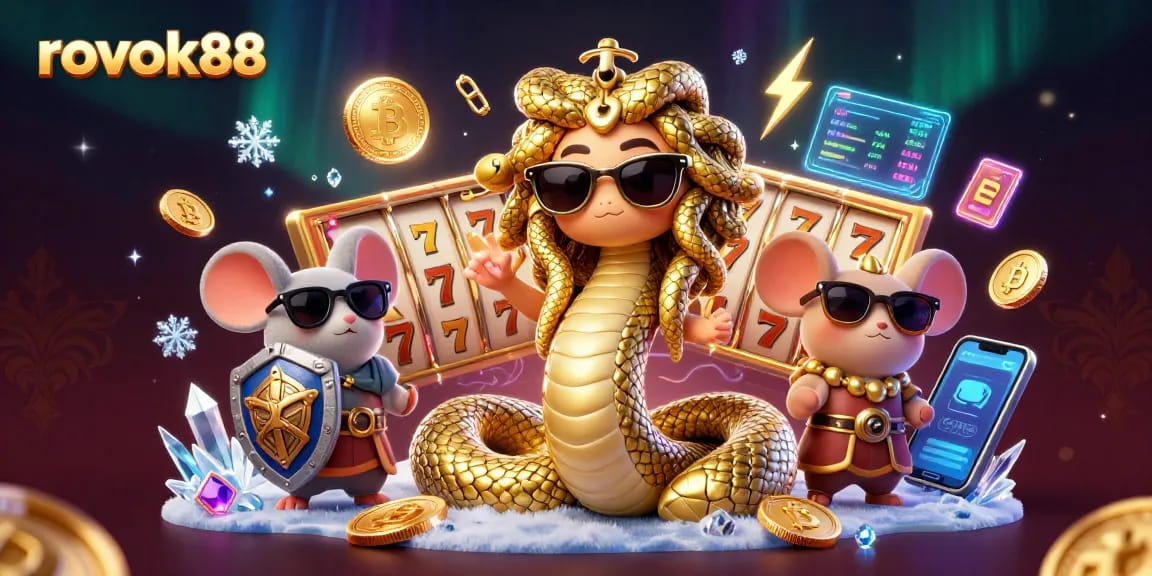 Experience thrilling wins with rokok88's lively 3D casino scene featuring Medusa and slot reels.