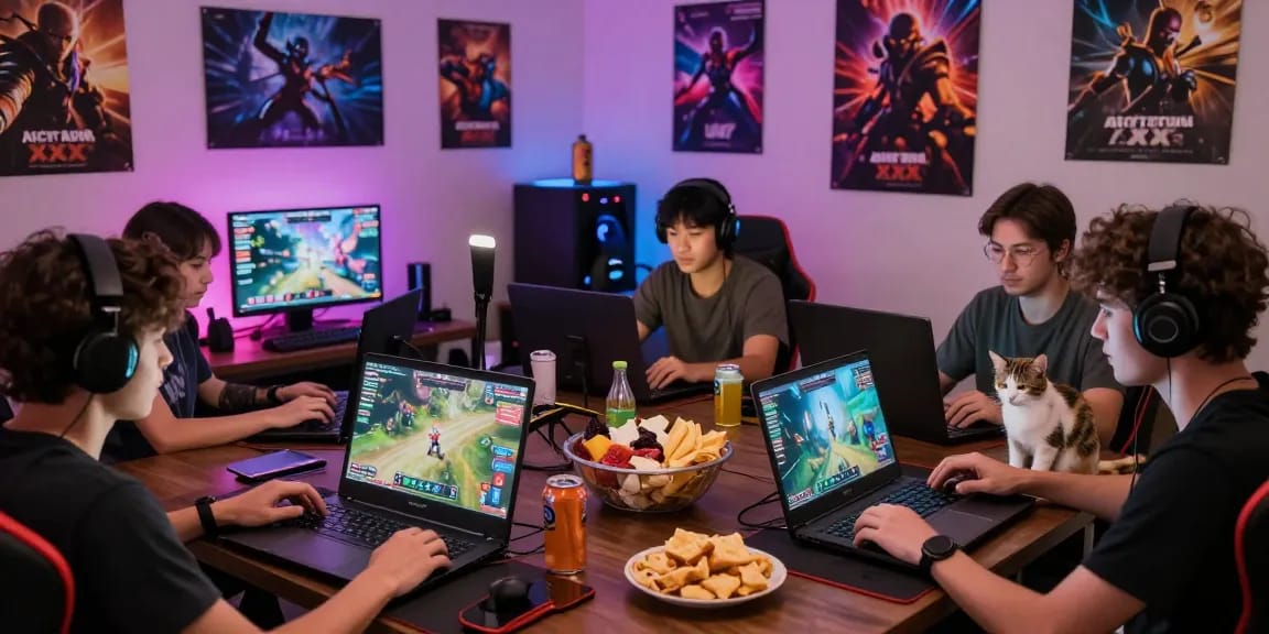 Exciting gaming scene showcasing players enjoying xxx games online in a cozy room.