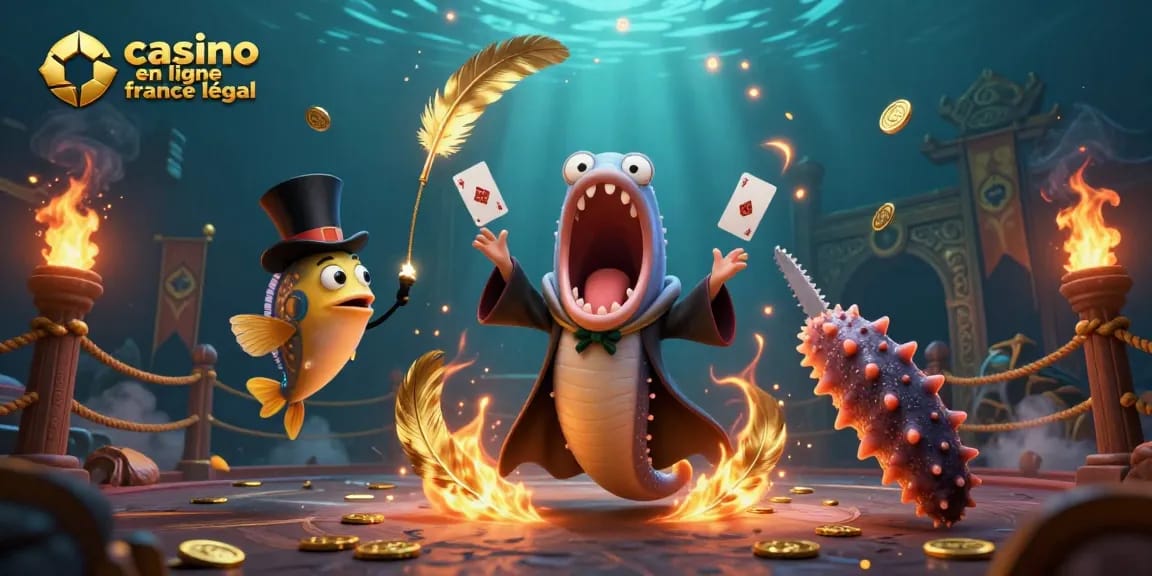 Tricks de cartes par une anguille gulper et ses amis dans un cadre de casino magique, casino en ligne légal en France.
