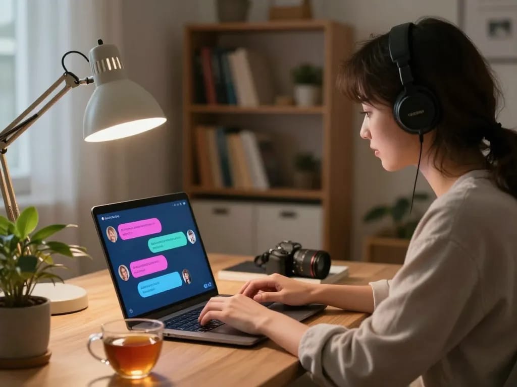 Engaging in ai sex chat in a cozy home office with vibrant chat bubbles.