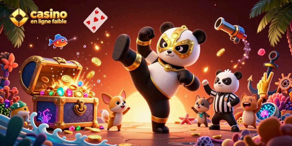 Illustration dynamique de casino en ligne fiable montrant des jeux, des paris et un panda lutteur.