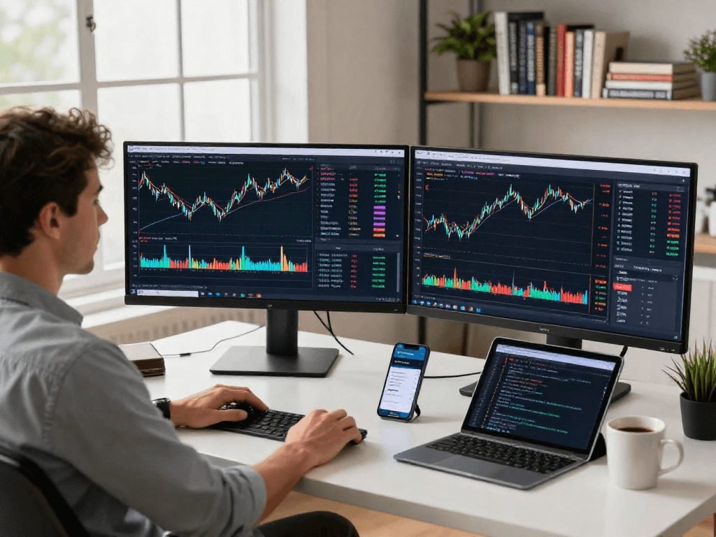 专业交易员在TradingView官网展示实时数据的交易工作空间，显示屏上有金融图表和技术分析工具。