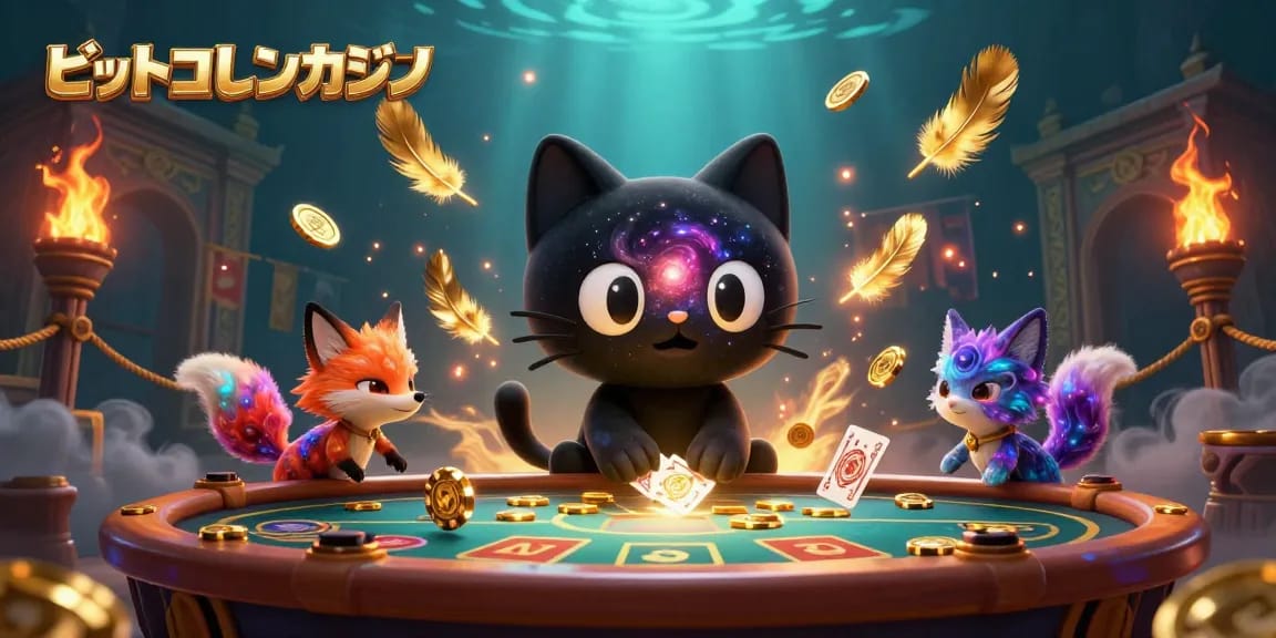 ビットコインカジノで遊ぶ様子を描いたイラスト、カジノテーブルを囲むキャラクターたち