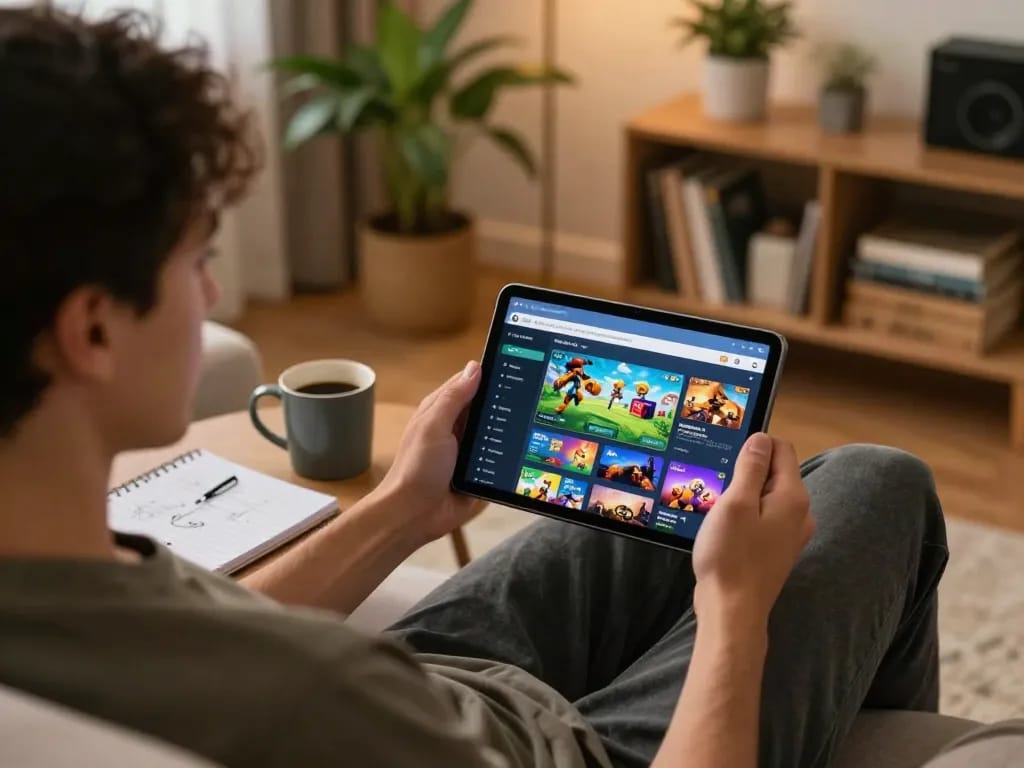 Engaging with tablet at the best widget store for online casino games in a cozy home setting