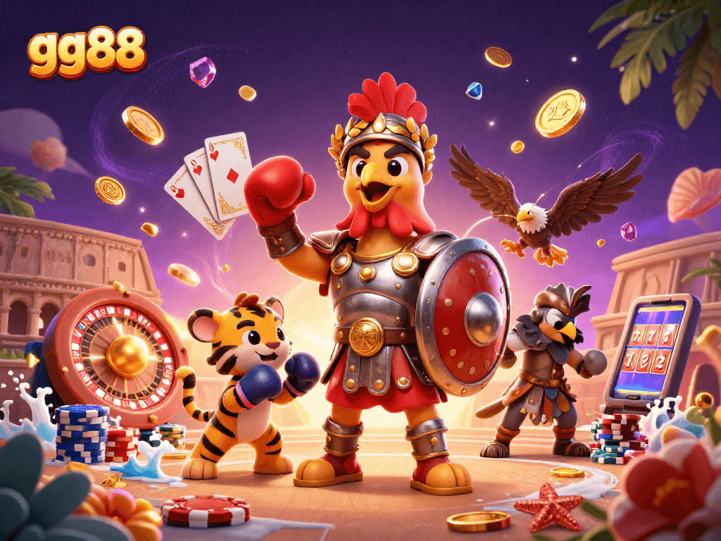 Witness the gg88 action with a gladiator rooster and a tiger sparring in a vibrant casino scene.