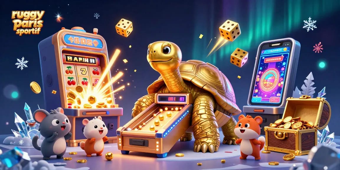 Pariez sur le rugby paris sportif avec ce visuel captivant mettant en scène une tortue en pinball.