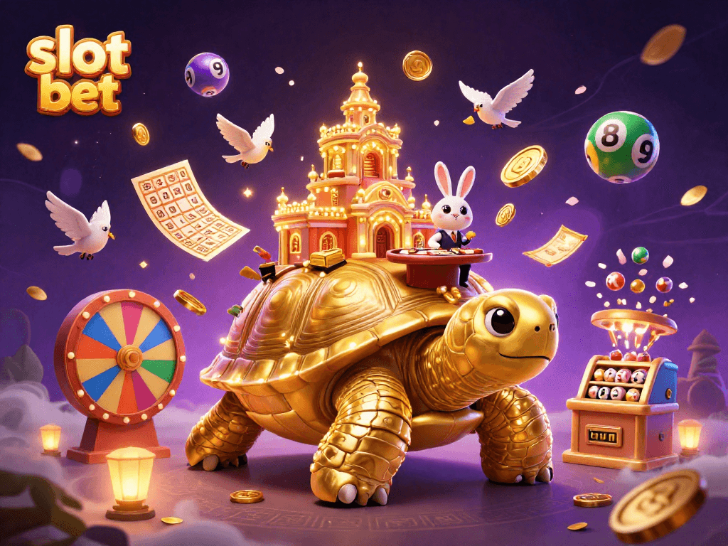 Memenangkan slot taruhan kecil dengan mesin slot dan karakter kasino yang menawan di latar belakang berwarna.