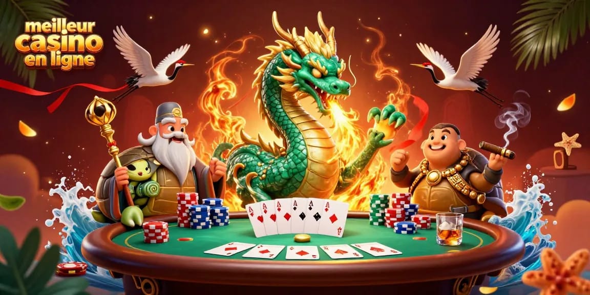 Illustration représentant les éléments essentiels du meilleur casino en ligne avec un dragon et des jeux de poker.