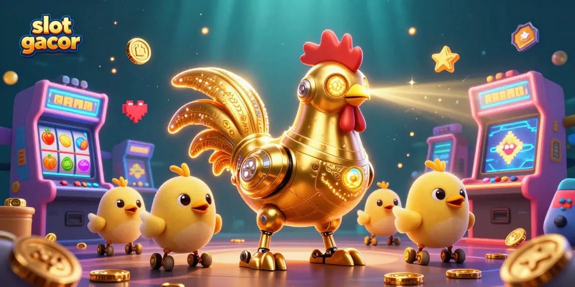 Engage with slot gacor adventures featuring a golden rooster robot amid vibrant casino elements.