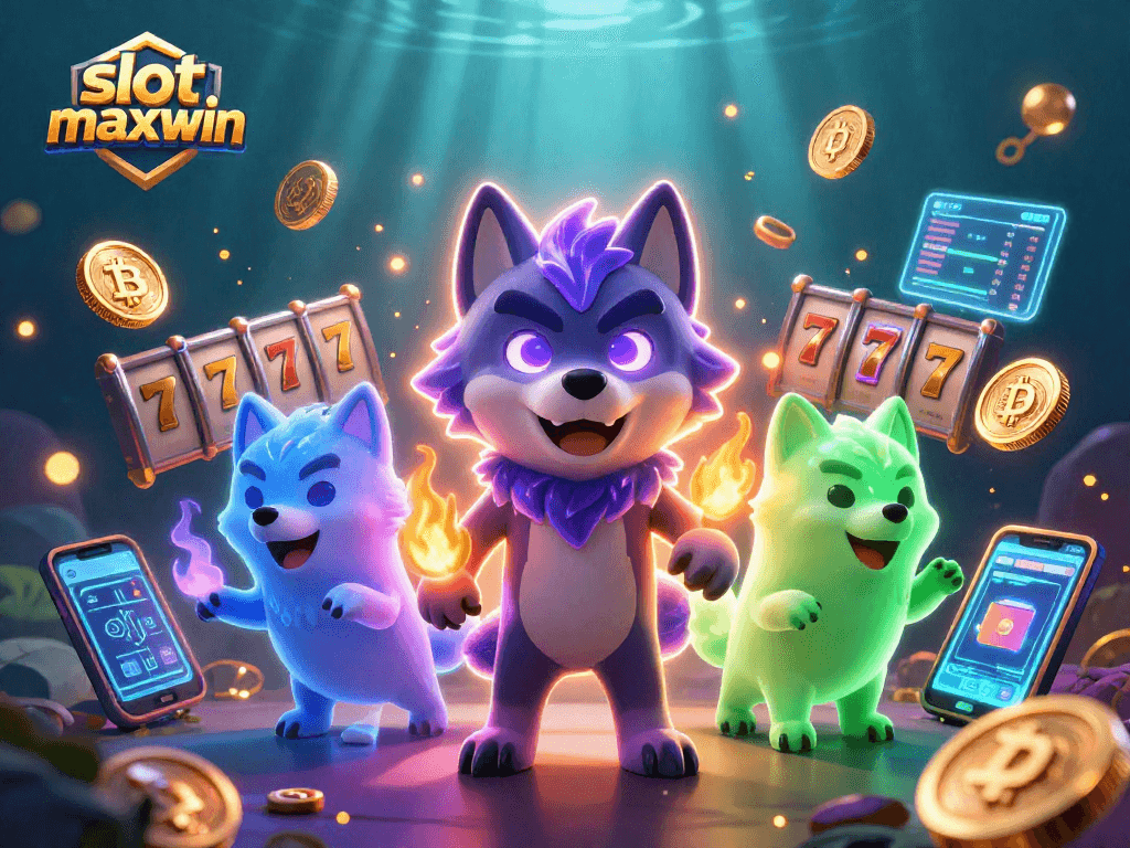 Win big with slot maxwin in a vibrant 3D casino illustration showcasing dynamic elements and spectacular wolf characters.