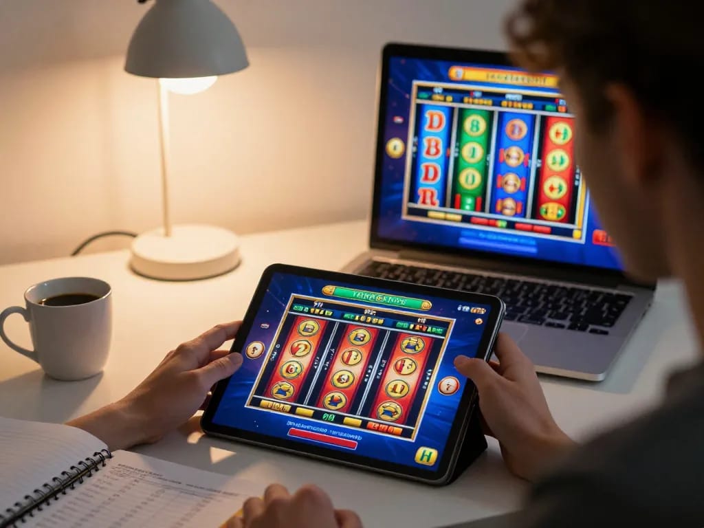 Engaging in slot bet kecil at home using tablet for an immersive online gaming experience.