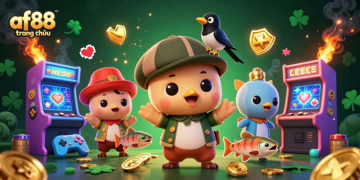 Engage in thrilling gameplay with af88 trang chủ as adorable Nessie and friends surround vibrant casino elements.