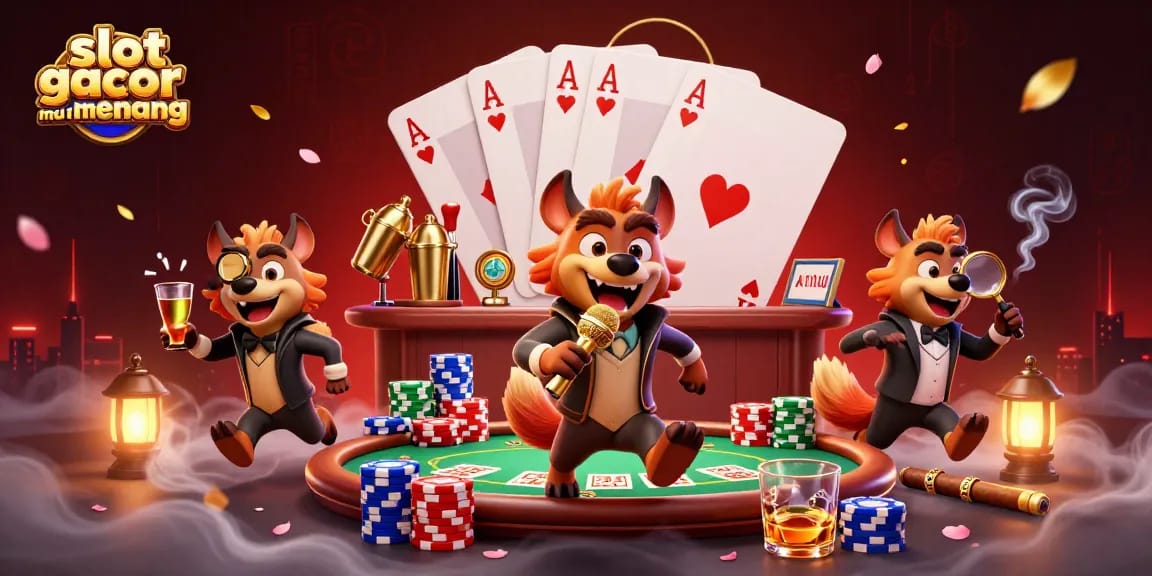 Menggenggam kemenangan dengan slot gacor mudah menang, rasakan keseruan kasino dengan menonjolnya karakter hyena dalam ilustrasi 3D.