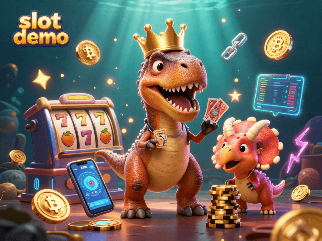 Mainkan slot demo dengan T-Rex dan pterodactyl yang menyuplai kartu sambil dikelilingi simbol slot.
