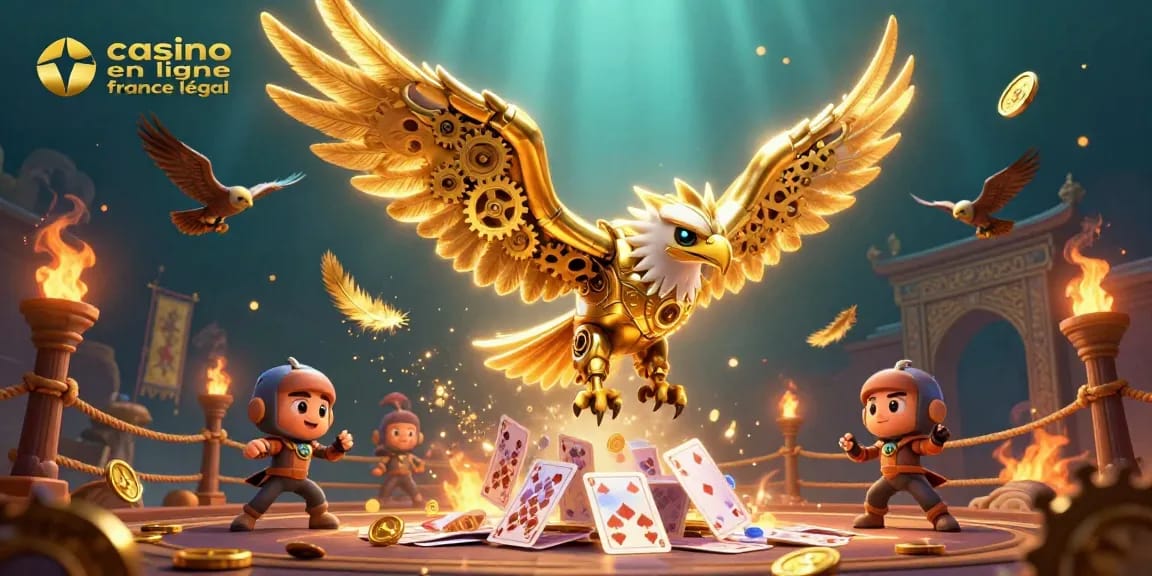 Visualisez un casino en ligne France légal avec un aigle cybernétique et des cartes holographiques.