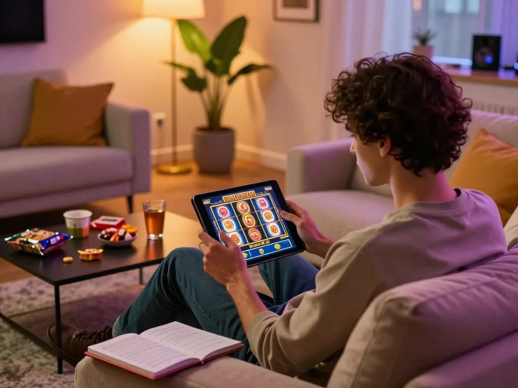 Engaging in slot 10 ribu online gaming session, comfortable home environment with betting strategies visible.