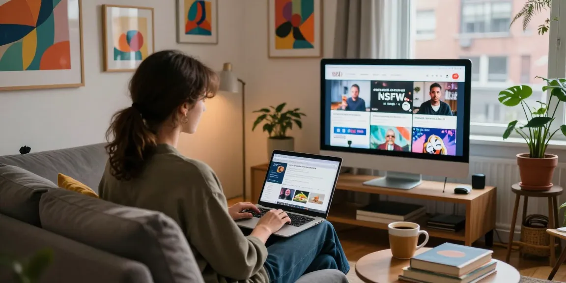 Individual browsing NSFW content in a relaxed urban apartment.